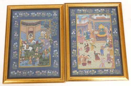 Indian School (19thC). Garden scene, with courtiers, figures on horseback, within a floral...