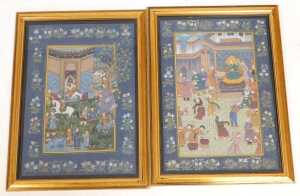 Indian School (19thC). Garden scene, with courtiers, figures on horseback, within a floral...