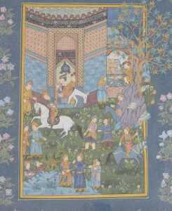 Indian School (19thC). Garden scene, with courtiers, figures on horseback, within a floral... - 2