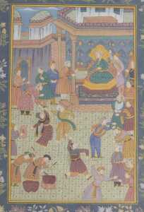 Indian School (19thC). Garden scene, with courtiers, figures on horseback, within a floral... - 3