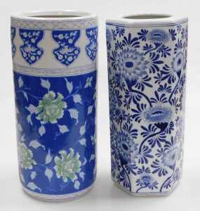 A Chinese blue and white porcelain stick stand, of hexagonal form, decorated with flowers,...