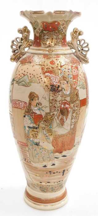 A Japanese Meiji period Satsuma vase from trin, with a fanchette handle decorated with samurai,...