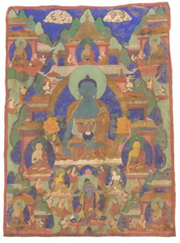 A Tibetan Thangka painting depicting a seated Buddha, in a temple setting, surrounded by further...