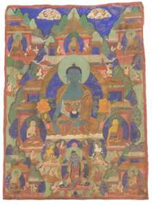 A Tibetan Thangka painting depicting a seated Buddha, in a temple setting, surrounded by further...