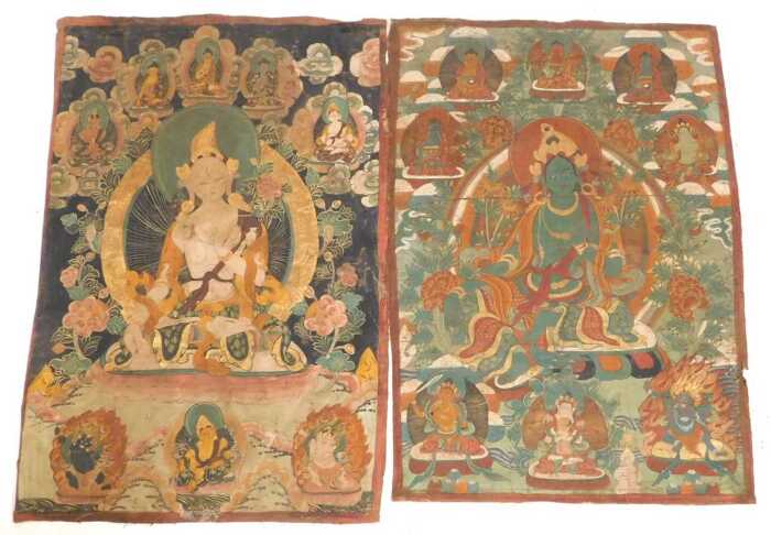 A Tibetan Thangka painting of the goddess Tara, surrounded by eight further deities and flowers,...