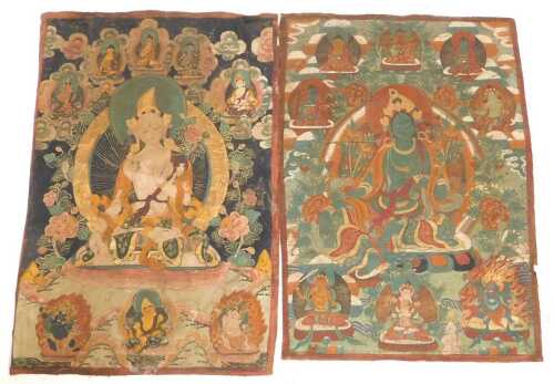 A Tibetan Thangka painting of the goddess Tara, surrounded by eight further deities and flowers,...
