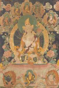 A Tibetan Thangka painting of the goddess Tara, surrounded by eight further deities and flowers,... - 2
