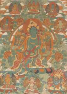 A Tibetan Thangka painting of the goddess Tara, surrounded by eight further deities and flowers,... - 3