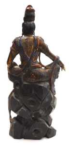 A Qing Dynasty late 19thC carved hardwood figure of Guanyin, modelled seated on a rocky base,... - 3