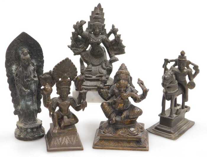 Five Indian bronze figures, including Lord Vishnu, Ganesh, Durga, and Buddha.