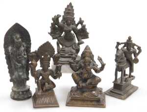 Five Indian bronze figures, including Lord Vishnu, Ganesh, Durga, and Buddha.