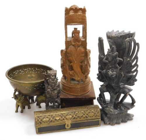 An Indian hardwood carving of Lord Vishnu riding atop Garuda, 5cm high, another smaller similar...