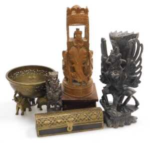 An Indian hardwood carving of Lord Vishnu riding atop Garuda, 5cm high, another smaller similar...