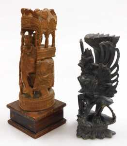 An Indian hardwood carving of Lord Vishnu riding atop Garuda, 5cm high, another smaller similar... - 2