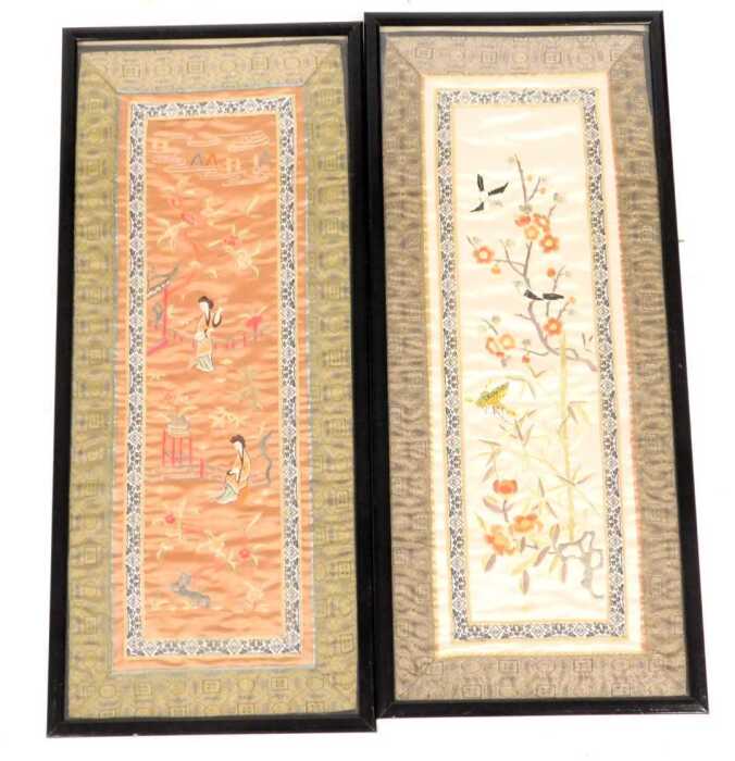 An early 20thC Chinese silk sleeve panel, decorated with ladies in a garden, on a peach ground,...