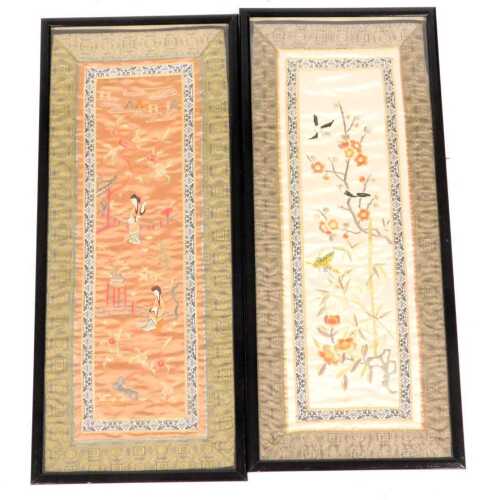 An early 20thC Chinese silk sleeve panel, decorated with ladies in a garden, on a peach ground,...