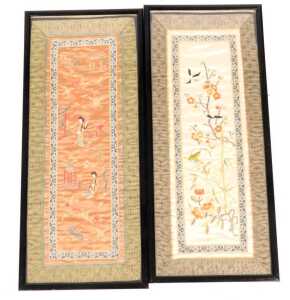 An early 20thC Chinese silk sleeve panel, decorated with ladies in a garden, on a peach ground,...