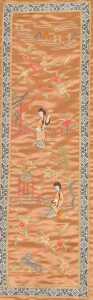 An early 20thC Chinese silk sleeve panel, decorated with ladies in a garden, on a peach ground,... - 2