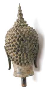 A 19thC Thai bronze bust of Buddha, cast with elongated ears, scrolling curls, and surmounted... - 3