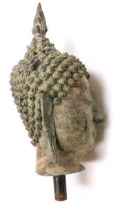 A 19thC Thai bronze bust of Buddha, cast with elongated ears, scrolling curls, and surmounted... - 4
