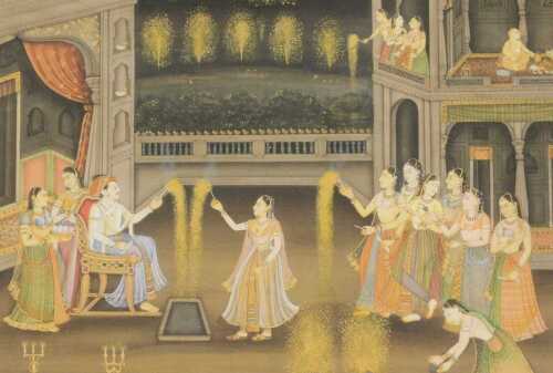 Indian School (19thC). An interior scene, with a maharaja and attendants, watercolour, 30cm x 41cm.