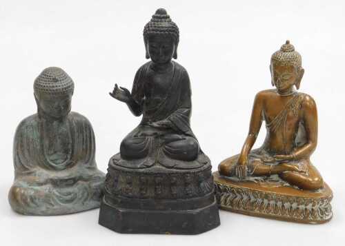 Three 19thC and later bronze figures of Buddha, each modelled seated in the lotus position, two...