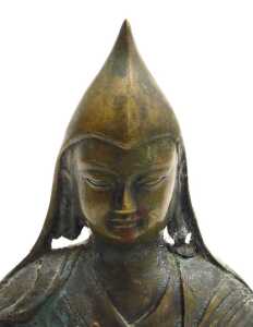 A 19thC Tibetan bronze figure of a Lama Tsongkapa, modelled seated in a lotus flower position,... - 5
