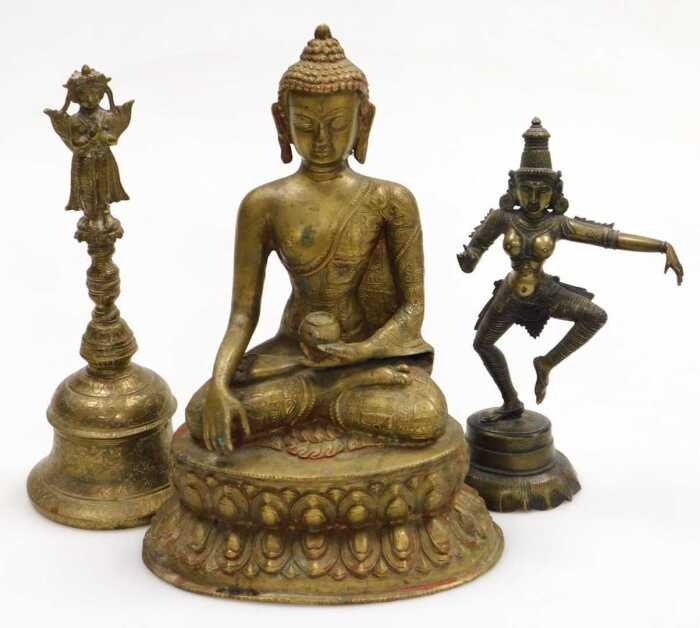A Thai bronze figure of Buddha, modelled holding a pot and seated in the lotus position, on a...