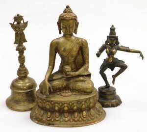 A Thai bronze figure of Buddha, modelled holding a pot and seated in the lotus position, on a...