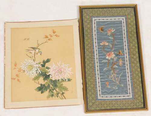 A late 19thC Chinese silk sleeve panel, embroidered with butterflies and flowers, 42cm x 22cm,...