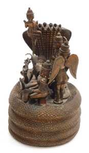 A 19thC Indian copper alloy figure group, depicting the Cosmic Sleep of Lord Vishnu, modelled... - 3