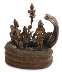 A 19thC Indian copper alloy figure group, depicting the Cosmic Sleep of Lord Vishnu, modelled... - 4