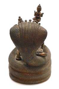 A 19thC Indian copper alloy figure group, depicting the Cosmic Sleep of Lord Vishnu, modelled... - 5