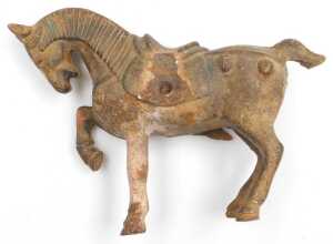 Four Chinese Tang style cast iron figures of war horses, one raised on a wooden plinth, with... - 2