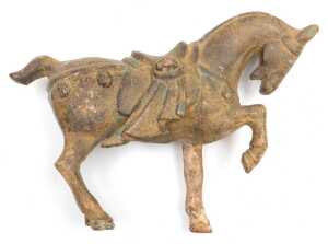 Four Chinese Tang style cast iron figures of war horses, one raised on a wooden plinth, with... - 3