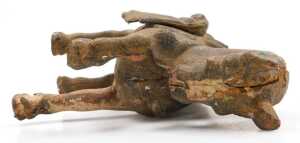 Four Chinese Tang style cast iron figures of war horses, one raised on a wooden plinth, with... - 4