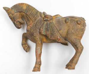 Four Chinese Tang style cast iron figures of war horses, one raised on a wooden plinth, with... - 6