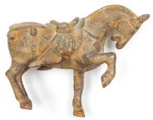 Four Chinese Tang style cast iron figures of war horses, one raised on a wooden plinth, with... - 7