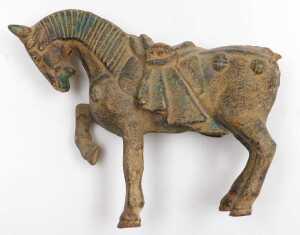 Four Chinese Tang style cast iron figures of war horses, one raised on a wooden plinth, with... - 12