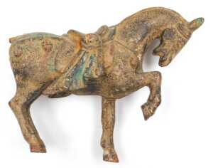 Four Chinese Tang style cast iron figures of war horses, one raised on a wooden plinth, with... - 14