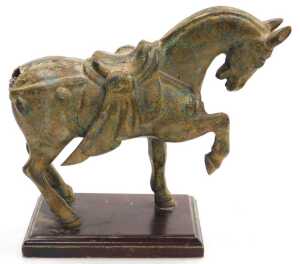 Four Chinese Tang style cast iron figures of war horses, one raised on a wooden plinth, with... - 19
