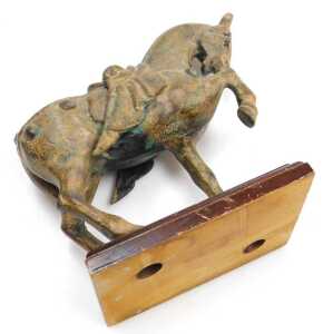 Four Chinese Tang style cast iron figures of war horses, one raised on a wooden plinth, with... - 21