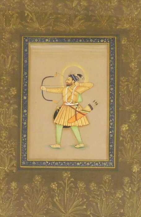 Indian School (19thC). An archer poised to fire an arrow, with a halo around his head,...