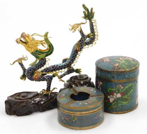 An early 20thC Chinese cloisonne ashtray, of cylindrical form, decorated with flowers, a...