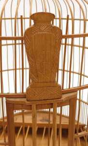 A Chinese bamboo bird cage, of cylindrical form, with a crown surmount, raised on three scroll... - 2