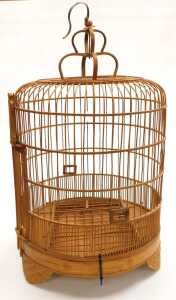 A Chinese bamboo bird cage, of cylindrical form, with a crown surmount, raised on three scroll... - 3