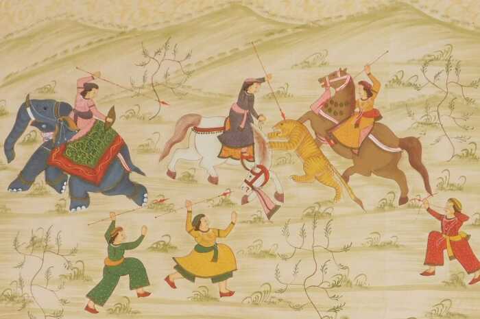 Indian School (20thC). A Tiger Hunt, with figures on horseback and an elephant, and three...