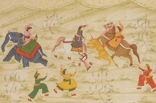 Indian School (20thC). A Tiger Hunt, with figures on horseback and an elephant, and three...