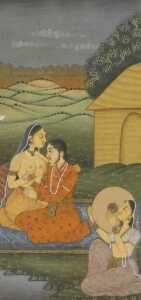 Indian School (19thC). Two studies from the Kama Sutra, watercolours, a couple in embrace with... - 2