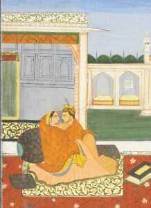 Indian School (19thC). Two studies from the Kama Sutra, watercolours, a couple in embrace with... - 3